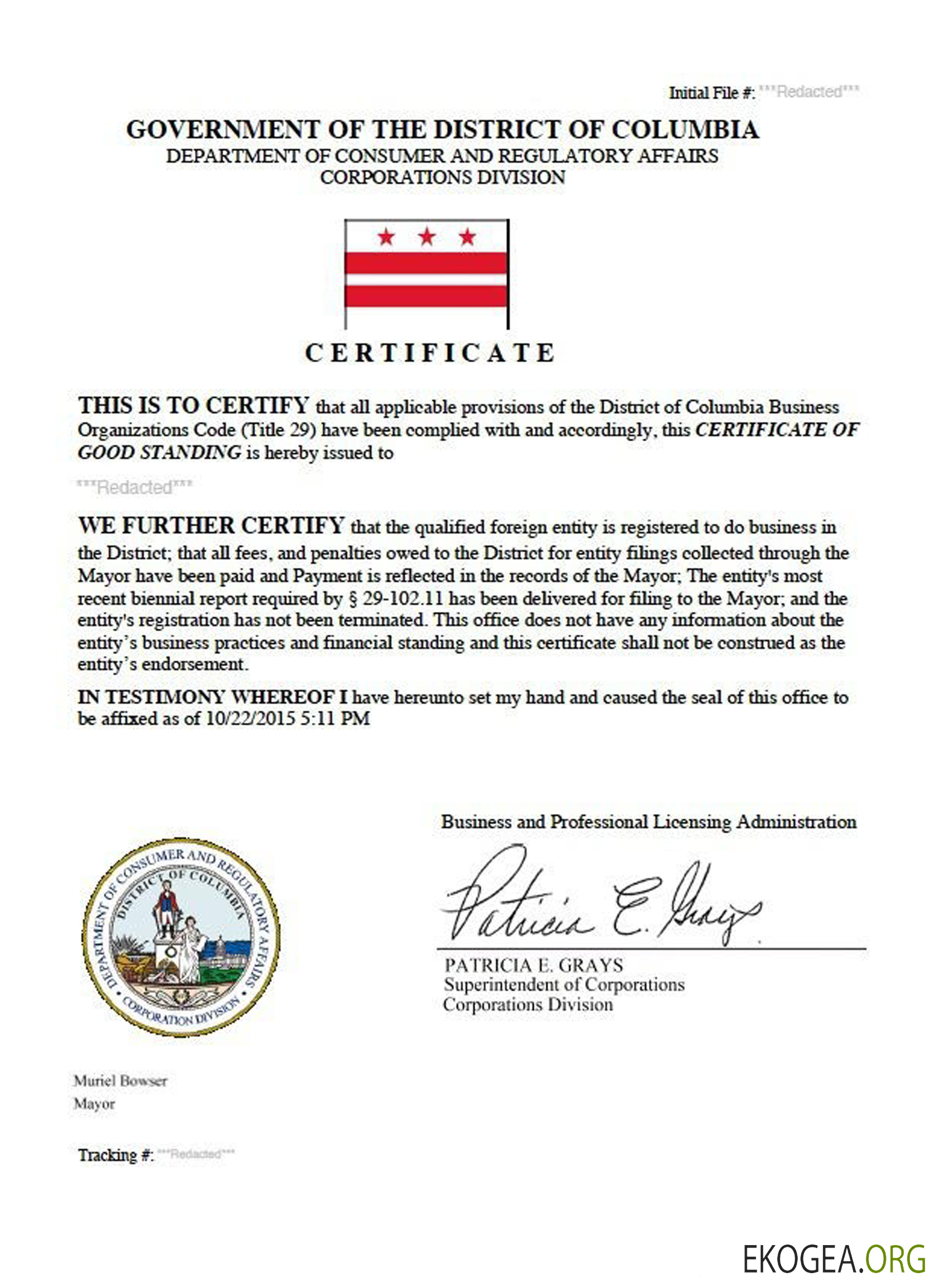 Certificat de bonne réputation du District de Columbia aux États Unis